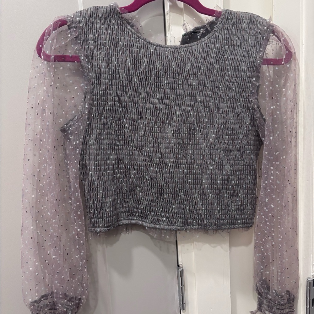 Storia Gray Polka Dot Top with Sheer Sleeves